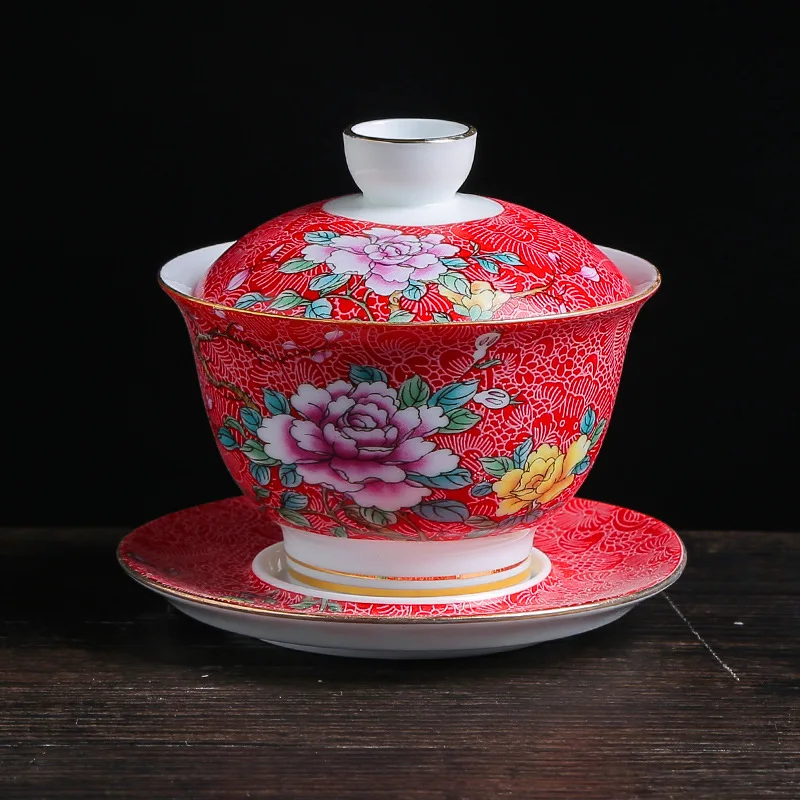 Керамическая эмалированная цветная чайная чаша Gaiwan в китайском стиле Sancai, набор чайных чашек и блюдца, 150 мл, бытовой чайник - Цвет: Red