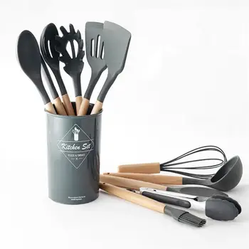 

11PCS Silicone Cooking Utensils Set Non-stick Spatula Shovel Wooden Handle Cooking Tools Set with Storage Box Kitchen Tools