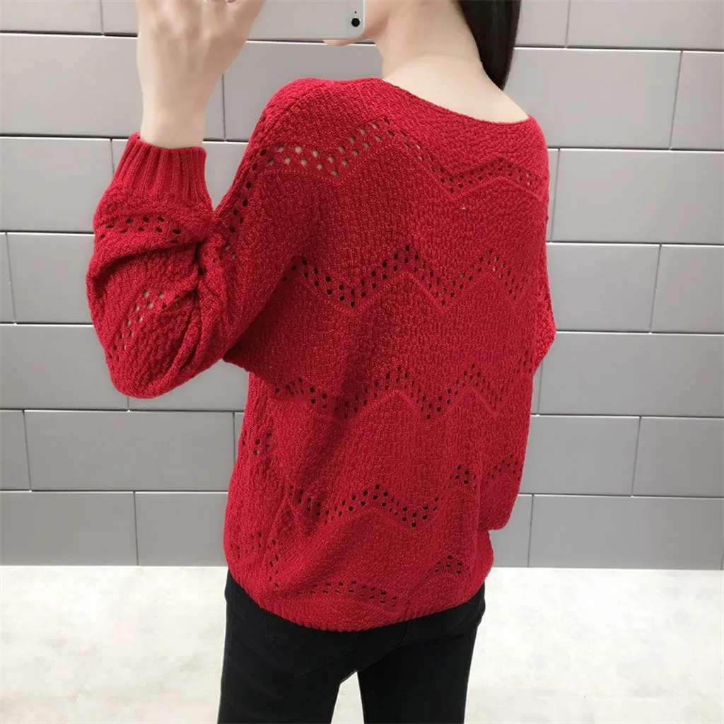 Jaycosin Fashion Women Casual Simple Long Sleeve Knitting V-Neck Sweater Stylish Comfortable Bottoming Hollowed Out Sweater