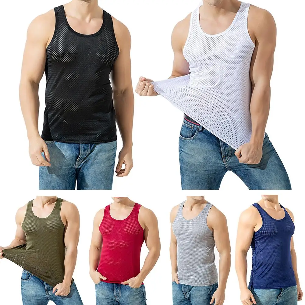 

Men Sporty Sleeveless O Neck Solid Color Mesh See-Through Top Slim Workout Vest