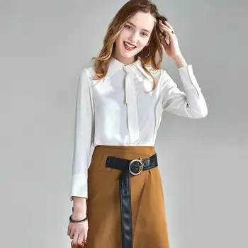 

HAVVA Women’s Design Sense Single-Breasted Bow Tie Solid Color Shirt Female Blouse Spring and Autumn Outerwear C4265