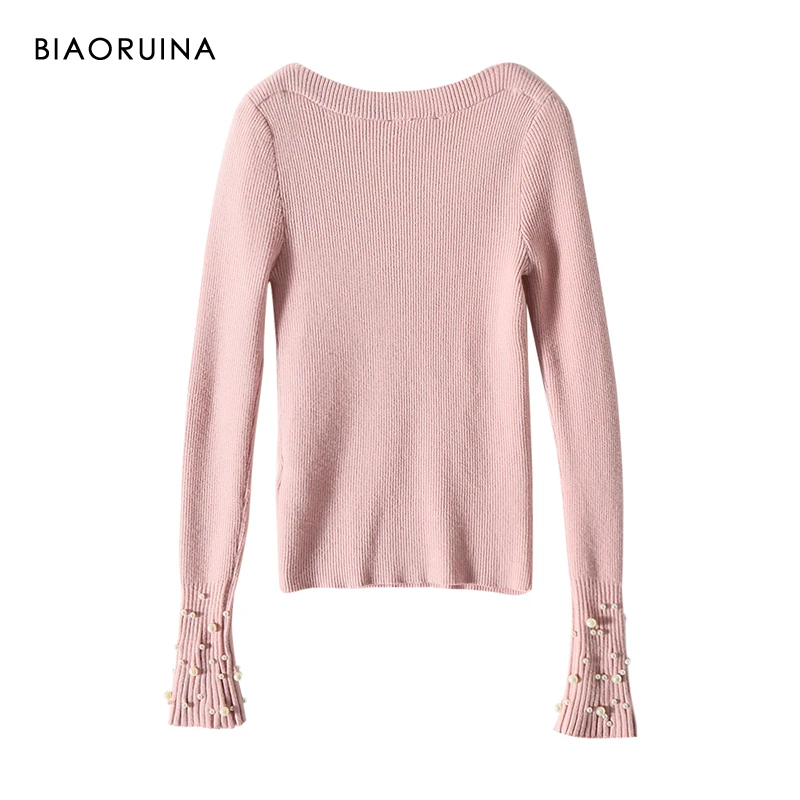 

BIAORUINA Women's Pink Elegant Slim Stretching Knit Sweater Slash Neck Long Sleeve Beading Decoration Sweet Pullovers
