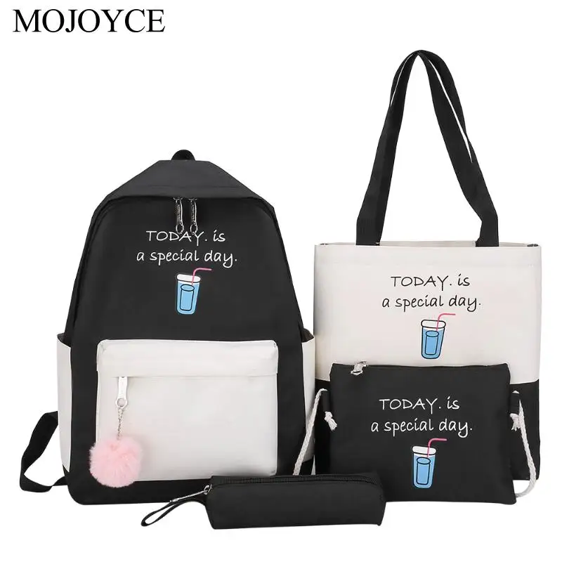 

4pcs Backpack Women Canvas Women Backpack Set Letters Hit Color Shoulder Clutch Card Bag Set Fashion School Bag For Teenage Girl