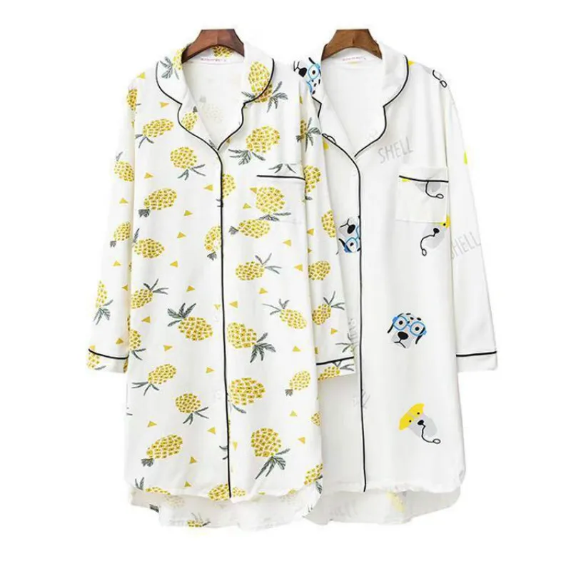 

Super Fire Pineapple Comfortable 100% Cotton Flipped Collar Long Sleeve Nightwear Female Cartoon Cute Dog Printed Home Dress Sleeping Skirt