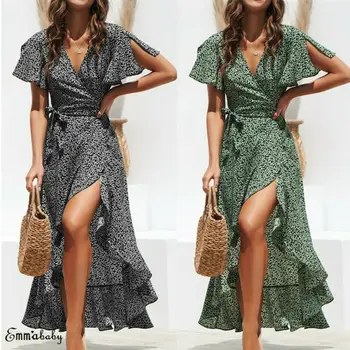 

Boho Women V Neck Spotted Belt Ladies Summer Holiday Midi Sun Dress Plus Size