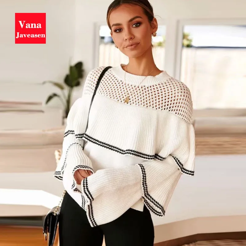 Вязанный джемпер Vana Javeasen с оборками, Женский пуловер с расклешенными рукавами, женские топы, уличная одежда с круглым вырезом, женские свитера