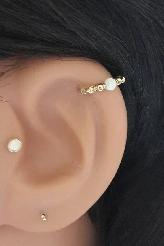 

Solid Yellow Gold White Pearl 3mm Helix Piercing Cartilage Earring Nose,Septum,
