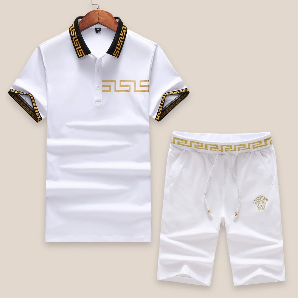 

Summe new fashion Polo shirt Cotton suit men set Smart Casual Embroidery Solid Short 2 piece set mens short sets Boyfriend gift