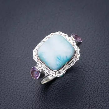 

StarGems Natural Caribbean Larimar And Amethyst Handmade 925 Sterling Silver Ring 9.5 D8499