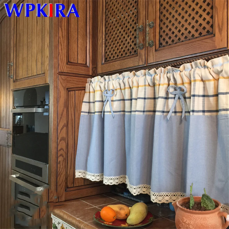 1 шт. стержень карман желтый плед и синий сшивание половина занавеска гостиная маленькое окно Кружева Короткая занавеска для кухни шкаф D3