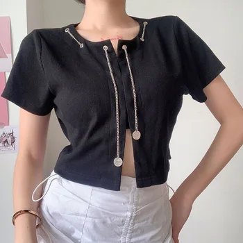 

Artsu Harajuku Cropped T-shirt Chain Ladies Short Sleeve Cardigan Tshirt Women With Chains Summer Buttons Tops Tees AS41174