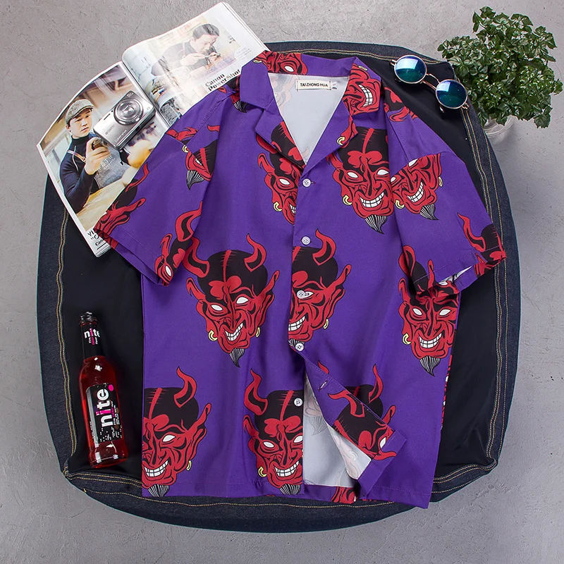Сатана дьявол печатных короткий рукав рубашки для мужчин женщин летний Гавайский Повседневная рубашка харуджку хип хоп Японская уличная одежда рубашка