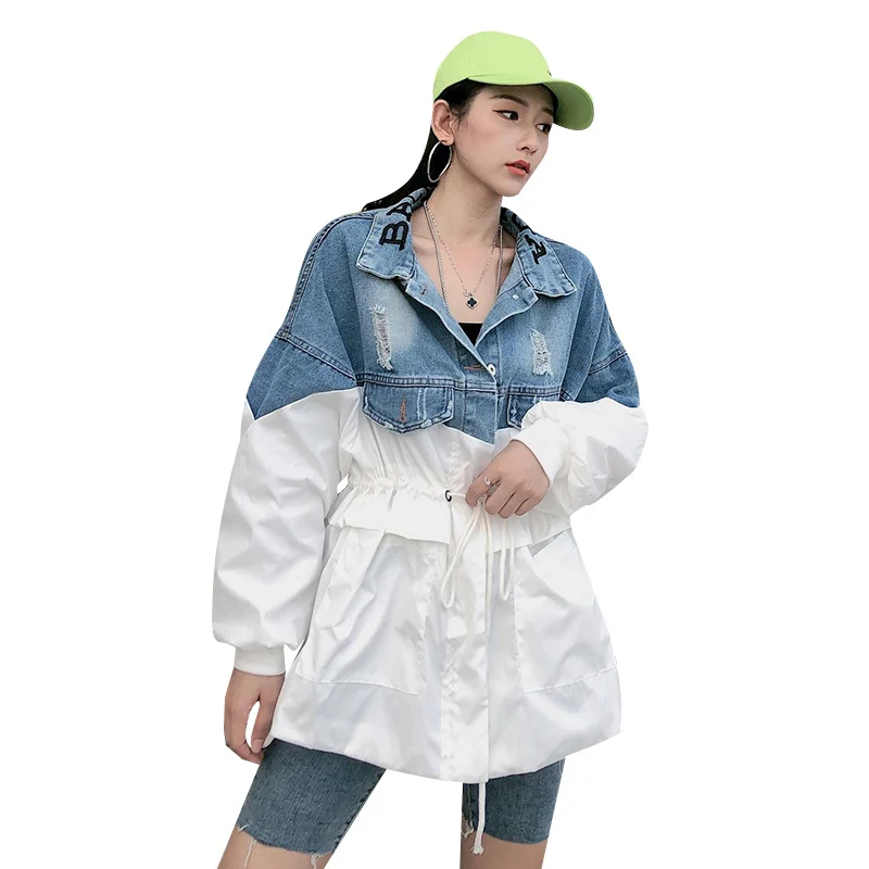 CHICEVER джинсовая женская куртка в стиле пэчворк, хит цвета, воротник с лацканами, рукав-фонарик, Бандажное пальто для женщин, осень, модная новинка