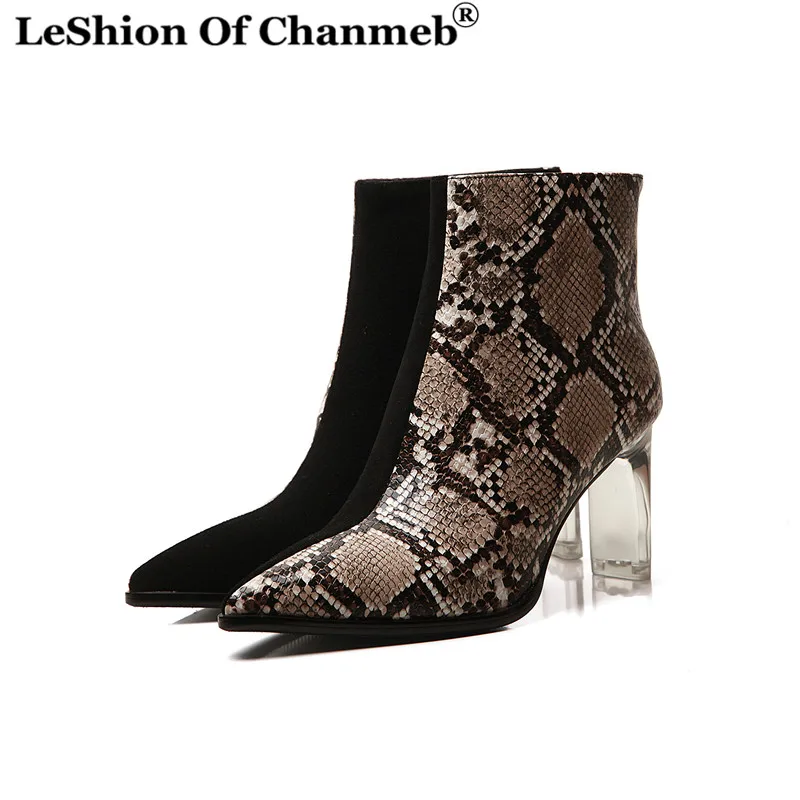 

Hot fashion Genuine leather Snake print mix-color Ankle short Boots for Women crystal high heels Goddess boots Fall Winter Boots