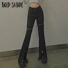 

Bold Shade Streetwear 90s Goth Style Jeans Bandage Solid Split High Waist Skinny Denim Jeans Grunge Fashion Women Trouser Winter