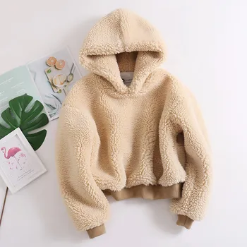 

Winter Faux Fur Fleece Hooded Women Sweatshirts Lambswool Long Sleeve Female Hoodies 2020 Fashion Warm Lady Short Pullovers Tops