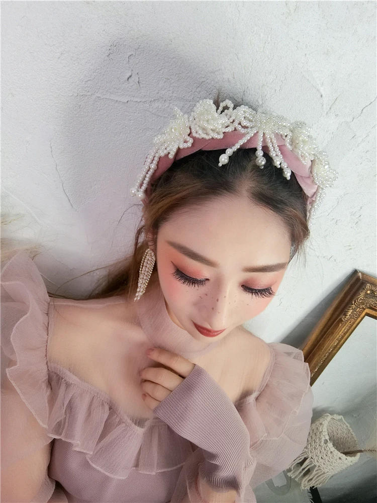 WHITNEY WANG дизайнерский стиль Жемчуг Бисероплетение кисточкой бархатная повязка для волос для женщин головная повязка Головные уборы для девочек лента для волос обруч для волос
