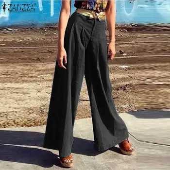 

Fashion Wide Leg Pants ZANZEA 2020 Women Zipper Up High Waist Trousers Solid Loose Pockets Pantalon Female Palazzo Streetwear