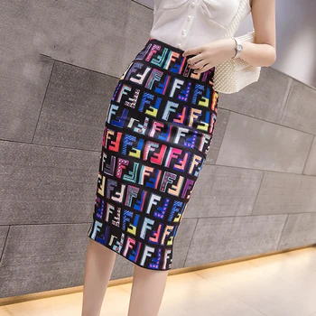 

Colorful F Letter Print Sexy Bodycon Midi Skirt Fashion All-match Streetwear Split Pencil Skirts Saias S M L XL
