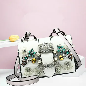 

Quality Split Leather Handbags for Women Luxury Flower Decoration Messenger Bags Diamond Shoulder Crossbody Bags Channels Bags