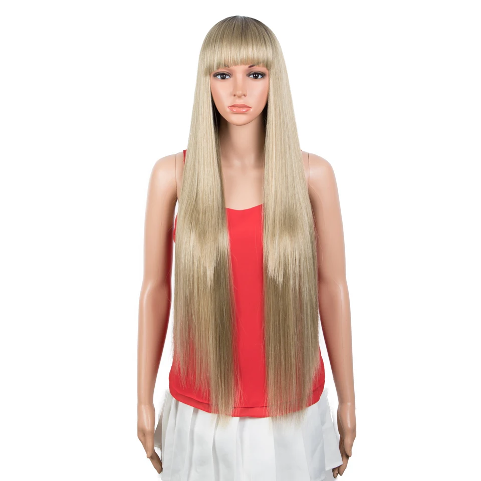 FASHION IDOL Synthetic Wig With Bangs 36 Inch Long Straight Wig Cosplay Ombre Blond Wigs For Black Women Heat Resistant Fiber