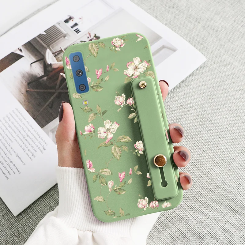 silicone cover with s pen For Samsung Galaxy A7 2018 A750 Cover Flowers Case For Samsung Galaxy A 7 750 GalaxyA7 2018 Wrist Strap Holder Protective Fundas silicone case samsung Cases For Samsung