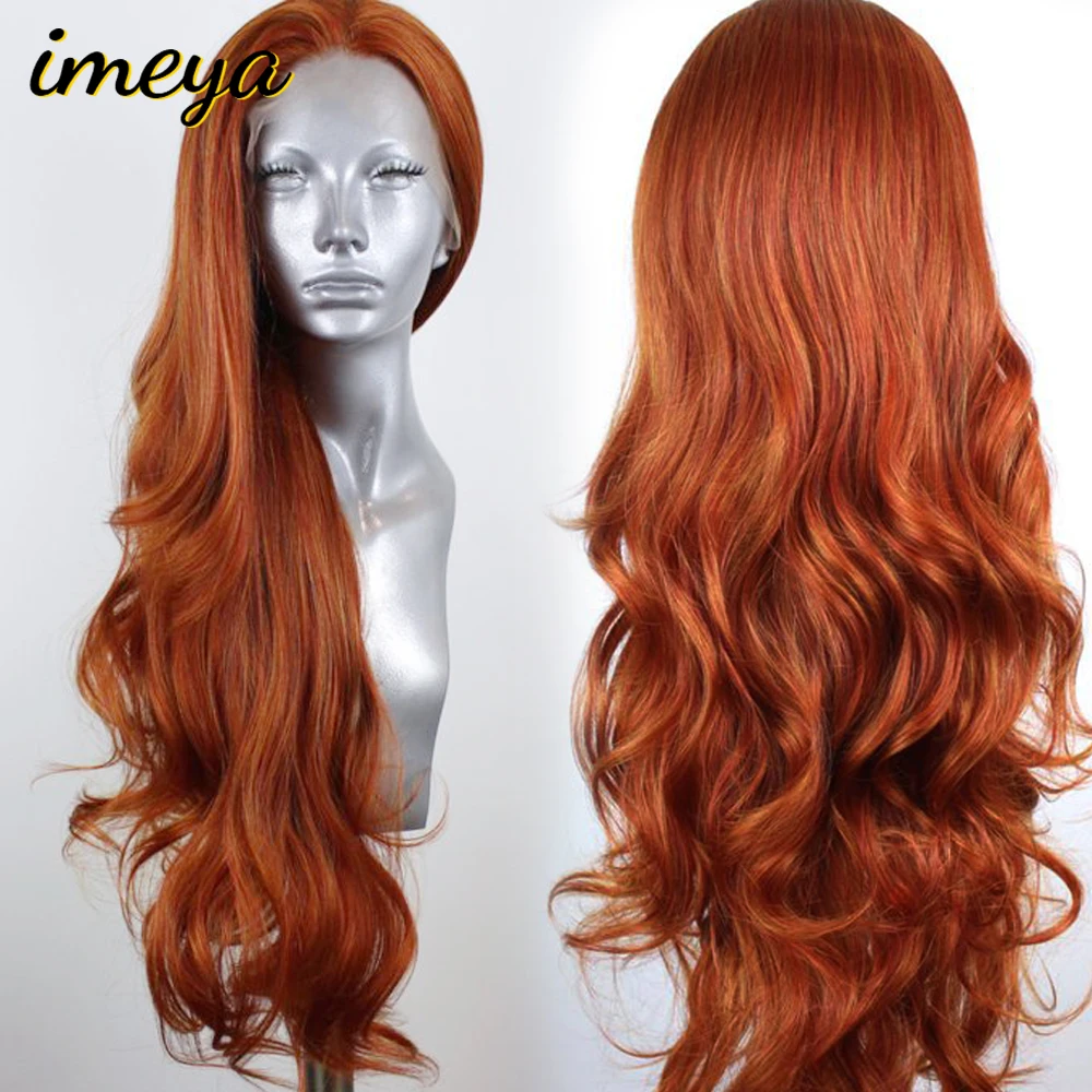 Imeya объемная волна, 150% плотность, синтетические парики на кружеве, жаропрочные парики, длинные оранжевые волосы, парики для женщин, наполовину завязанные вручную