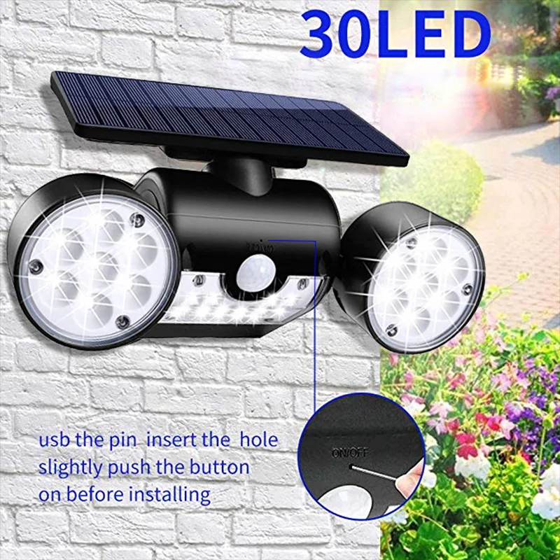 

30 LED Solar Outdoor Garage Wall Mounted Double Illuminator Light 3 Sides Solar LED Motion Sensor Graden Wall Hanging Lamp
