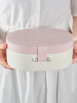 

Princess Pink Blue Jewelry Box Diamond Studded Jewel Organizer Case Double Layers PU Leather Jewelry Display Women Birthday Gift