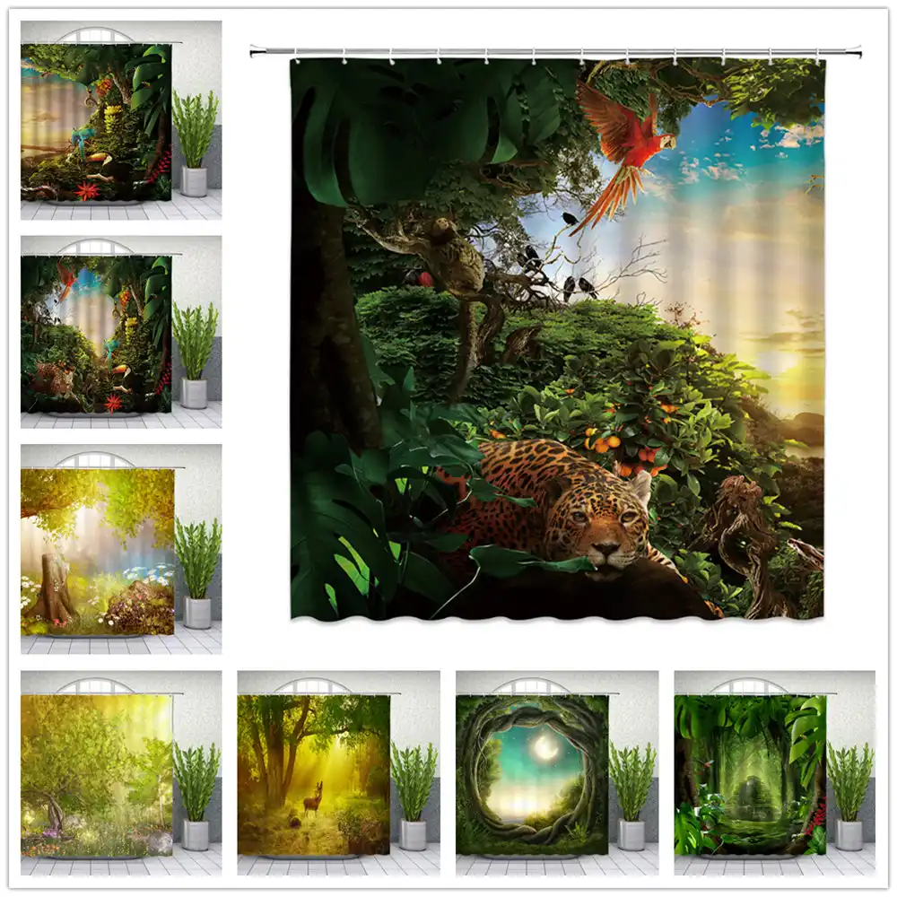 Tropical Jungle Landscape Shower Curtains Bathroom Decor Wild Animal Deer Parrot Toucan Leopard Home Bathtub Polyester Curtain Aliexpress