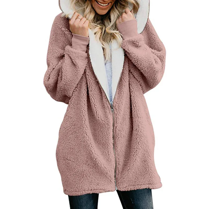 New Women Hoodies Zipper Girl Winter Loose Fluffy Hoodie Hooded Jacket Long Warm Outerwear Coat Cute Sweatshirt Zip-up 5xl - Цвет: Розовый