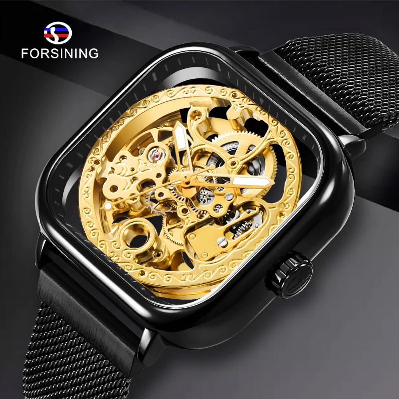

Luxury FORSINING Business Automatic Mechanical Watch Men Transparent Case Magnet Strap Mens Wristwatches Gold Skeleton Clocks