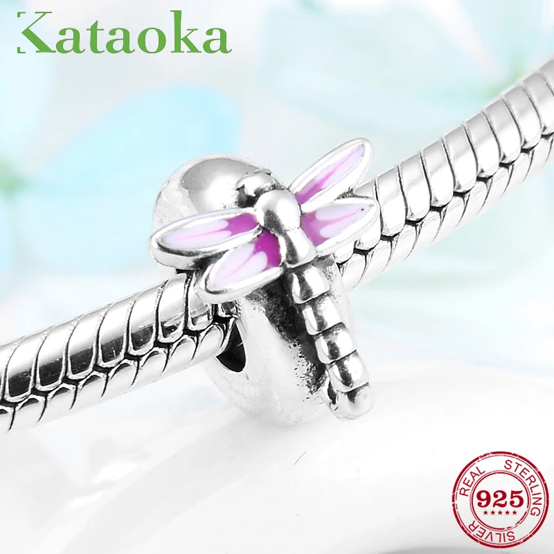

100% Real 925 Sterling Silver Pink dragonfly Stopper Beads Fit Original European Charm Bracelets Bangles DIY Jewelry Dropshippig