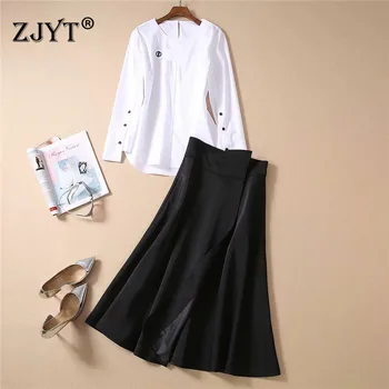 

High Quality Spring Runway Sets Women 2020 New Elegant Lady Outfits Long Sleeve Cotton White Blouse and High Waist Skirt Sets