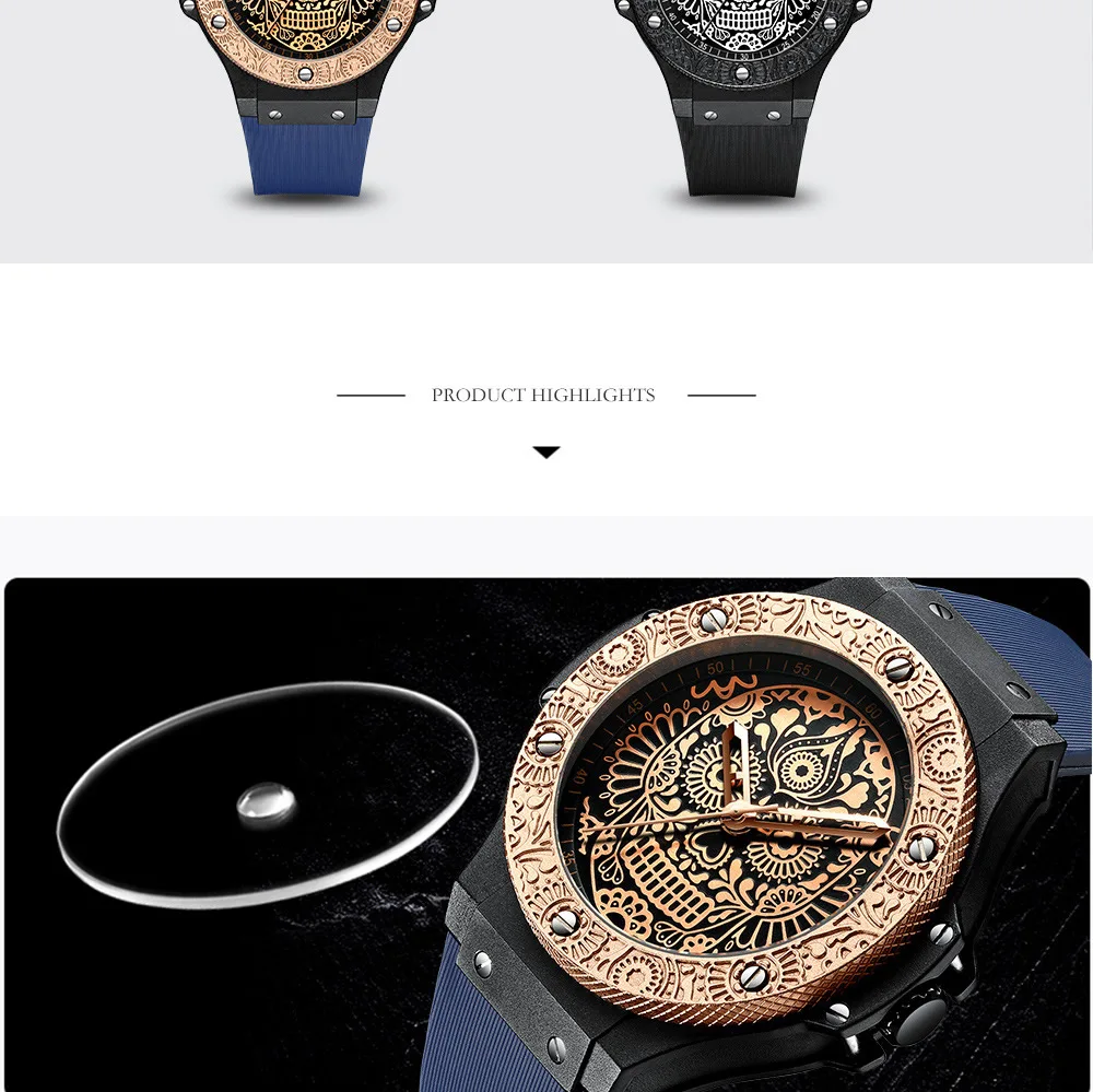 Модные брендовые мужские наручные часы кварцевые с черепом водонепроницаемые мужские часы с большим циферблатом черные Синие Новые мужские часы
