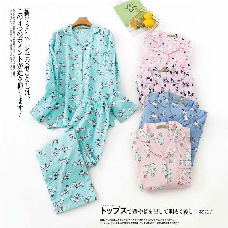 

Ladies Pajamas Set Comfort 100% Cotton Sleepwear 2pcs Sweet Cartoon Printed Home Wear Female Autumn Winter Casual Indoor Clothes