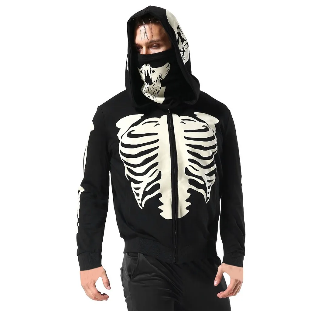 

Plus Size Autumn Men Hoodies Novelty Skull Splicing Hooded Sweatshirt with Mask Long Sleeve Men Pullover Halloween Hoodies