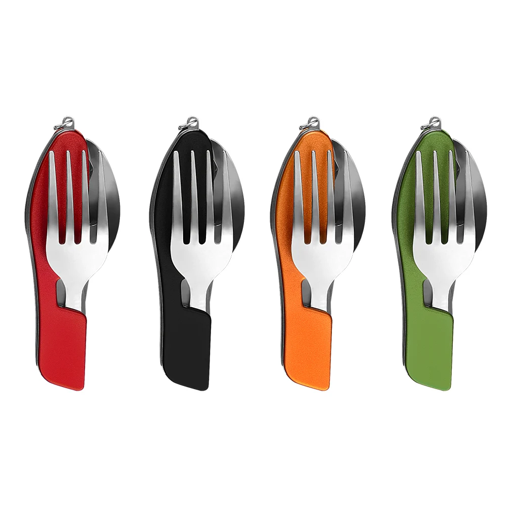 

XYj Multi-function Outdoor Camping Picnic Folding Tableware Stainless Steel Cutlery 4 in 1 Spoon Fork Knife Bottle Opener