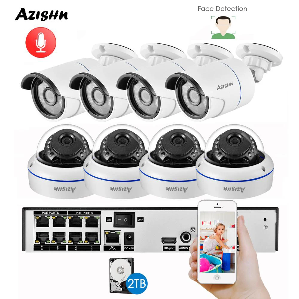 Комплект видеонаблюдения AZISHN H.265 + 8 каналов 5 Мп POE NVR купольная IP-камера