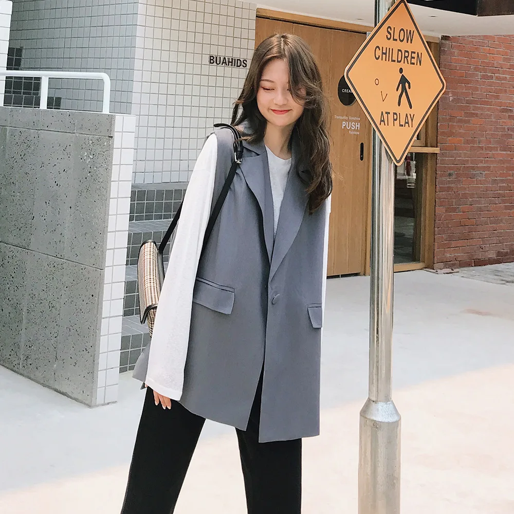 

Waistcoat Simple Large Size Suit Vest Women's Sleeveless Single Button Solid Joker Long Split Autumn Coat Vest Jacket