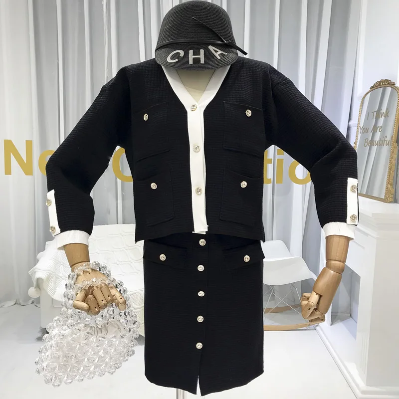 ALPHALMODA французский элегантный вязаный костюм для женщин Ретро карман Вязаный Кардиган Куртка шаг юбка из двух частей Модный комплект