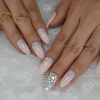 

Light Pink Press On Nails Crystals AB Pre-desgined Nail Ar Tips Stiletto Medium Ladies Fingernail with Adhesive Tabs