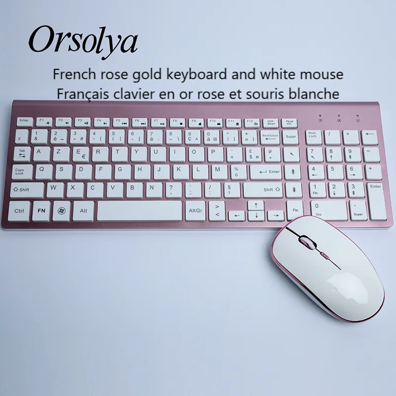 Pink French 2,4G Беспроводная клавиатура и мышь Combo Orsolya Compact полноразмерная клавиатура и 2400 точек/дюйм оптическая мышь с низким уровнем шума, испанский, немецкий, итальянский, японский, французский, розовый и белый - Цвет: Pink French