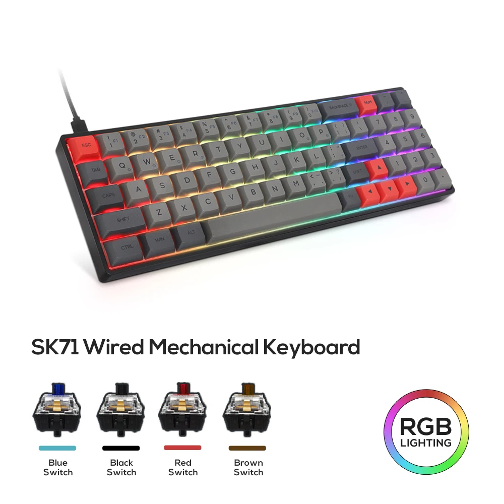 Механическая клавиатура SK71 с брелоком PBT Проводная игровая usb RGB подсветкой для ПК