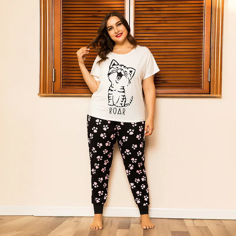 Plus Size Pajama Sets Women Summer Sleepwear Cotton Cute Cartoon Short Sleeve Two Piece Set Homewear Sexy Pjs Lounge Nightwear