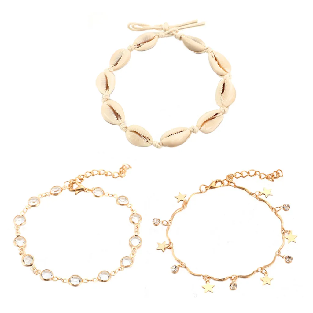 3 Pcs Anklet Wild Foot Chain Beach Women Barefoot Crochet Metal Sequins Shell Stars Anklet Bracciale Da Donna Accesorios Mujer