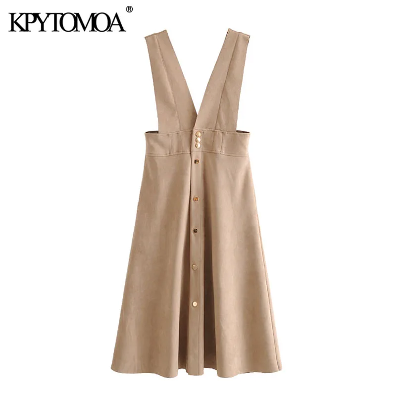 KPYTOMOA Women 2020 Chic Fashion Faux Leather Midi Pinafore Dress Vintage V Neck Side Pockets Wide Straps Female Dresses Vestido KPYTOMOA Women 2020 Chic Fashion Faux Leather Midi Pinafore Dress Vintage V Neck Side Pockets Wide Straps Female Dresses Vestido