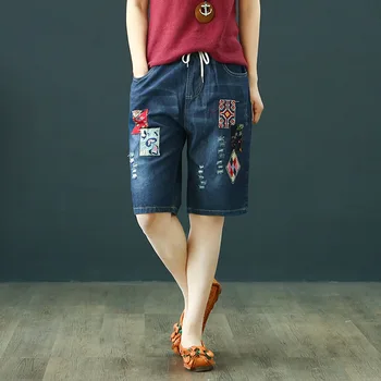 

Summer new retro patchwork embroidery jeans women's casual elastic waist cropped pants washed holes shorts ripped jeans mujer