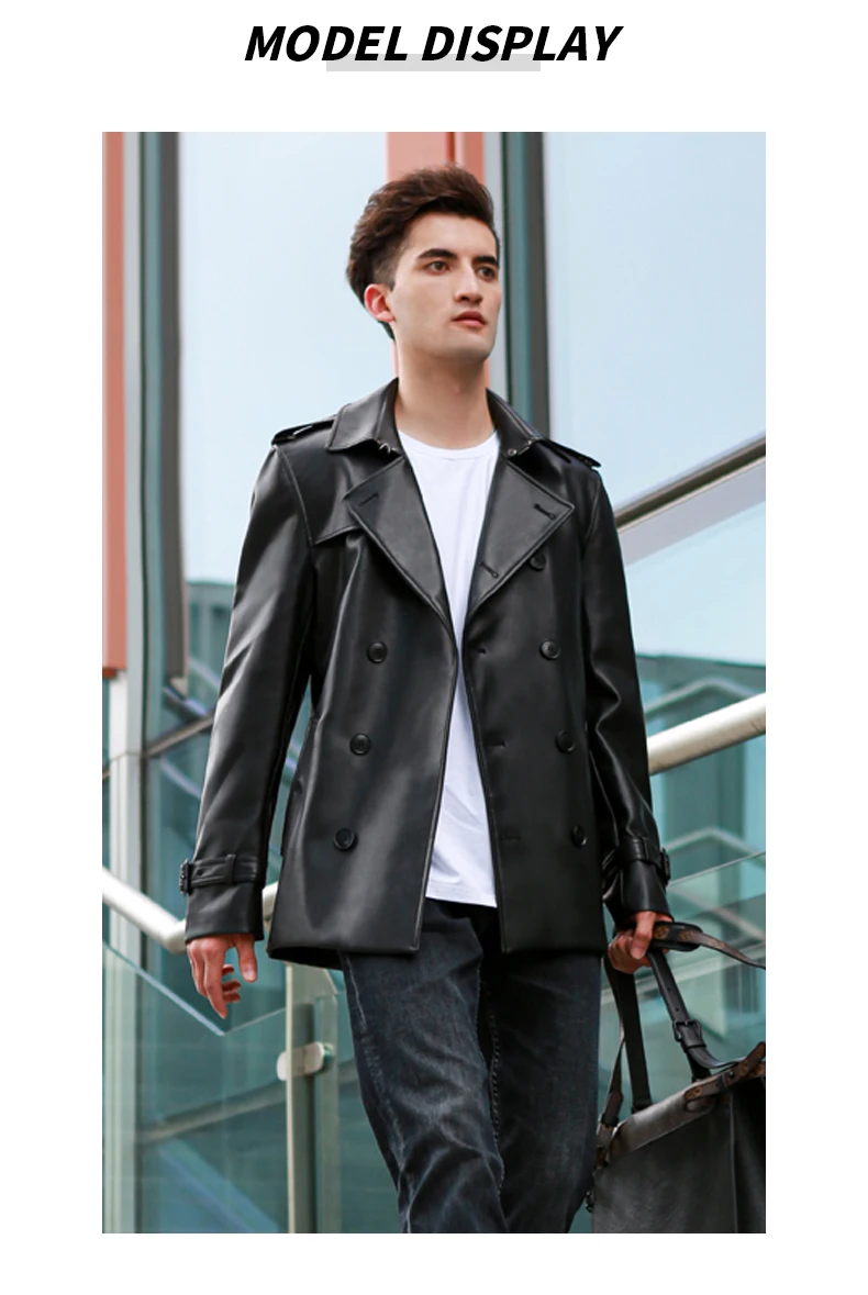 Leather windbreaker men's double breasted short men's leather jacket British handsome youth trend thickened wool inner coat men