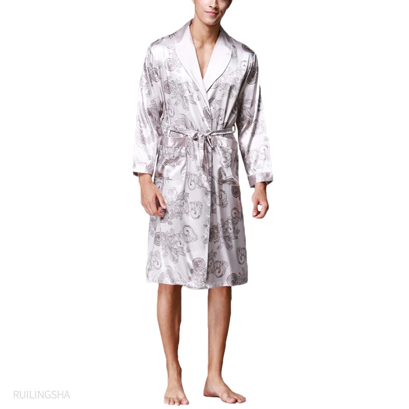 red silk pajamas Fashion Men's Bathrobe Silk Kimono Long Sleeves Robe Chinese Lucky Dragon Print Pajamas Men Gown Bathrobe Men Homewear Sleepwear silk loungewear